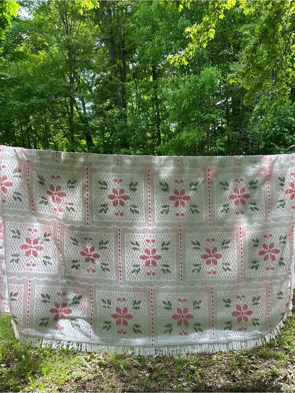 Vintage Chenille Bedspread Queen- Pink & Green Grandma MCM Cottage